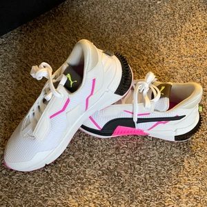 Black white and pink puma sneakers